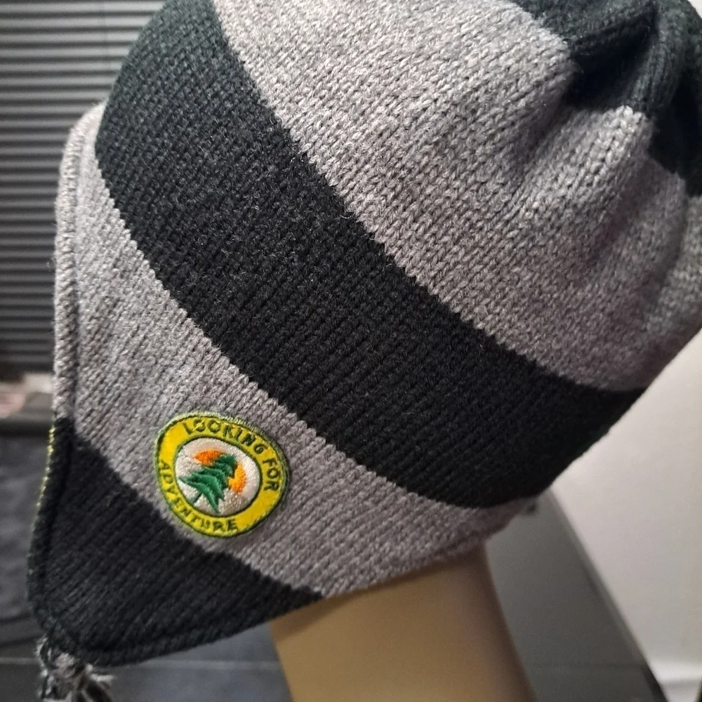 Black & Grey Boy's Striped Winter Hat Size L